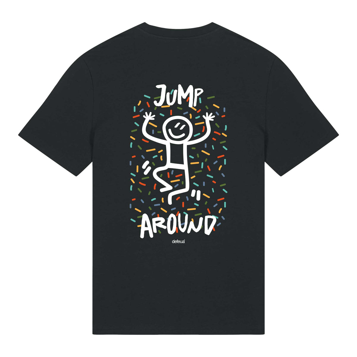 Defeua® T-shirt JUMP AROUND – Streetwear sostenibile con messaggio autentico sulla leggerezza positiva