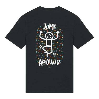 Defeua® T-shirt JUMP AROUND – Streetwear sostenibile con messaggio autentico sulla leggerezza positiva