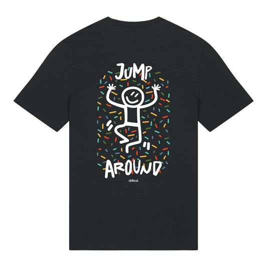 Defeua® T-shirt JUMP AROUND – Streetwear sostenibile con messaggio autentico sulla leggerezza positiva