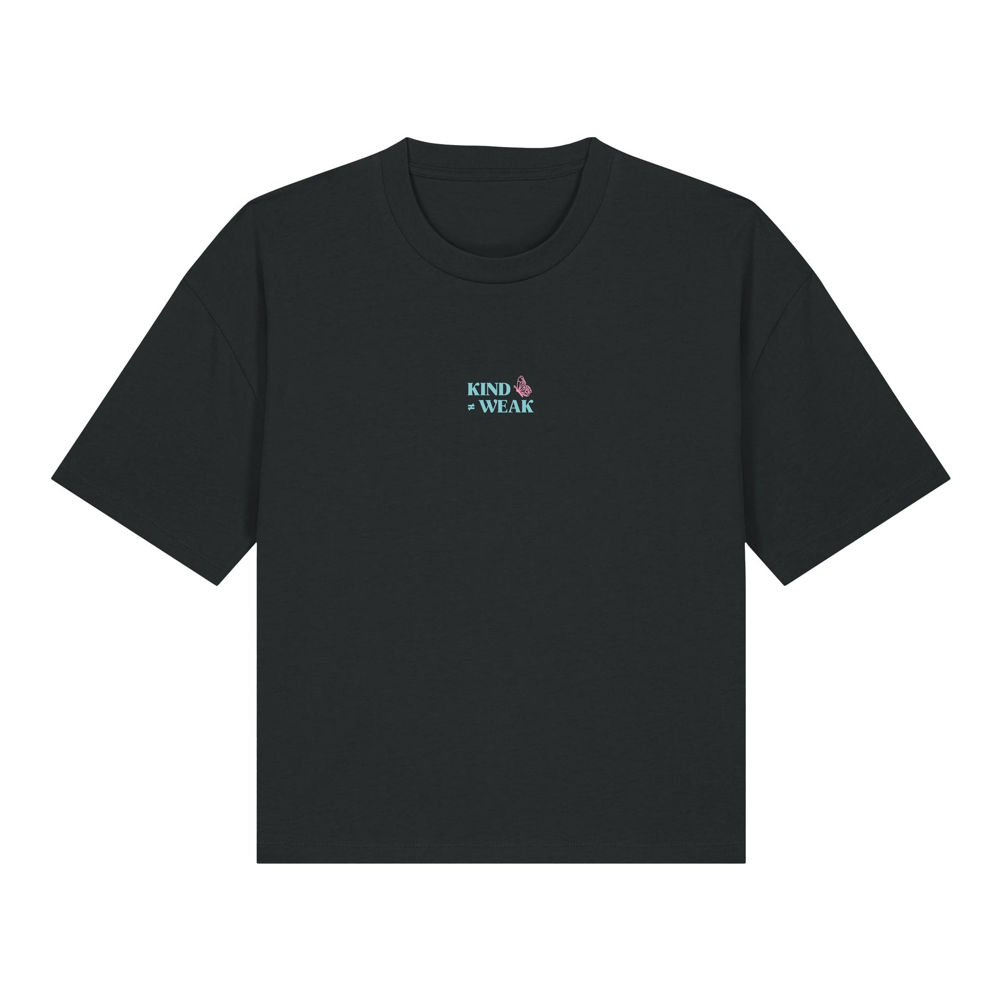 Defeua® KINDNESS t-shirt nera donna gen Z sulla gentilezza - maniche ribassate e taglio boxy - grafica frontale