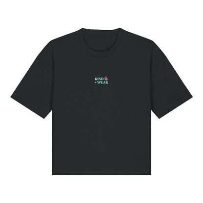 Defeua® KINDNESS t-shirt nera donna gen Z sulla gentilezza - maniche ribassate e taglio boxy - grafica frontale