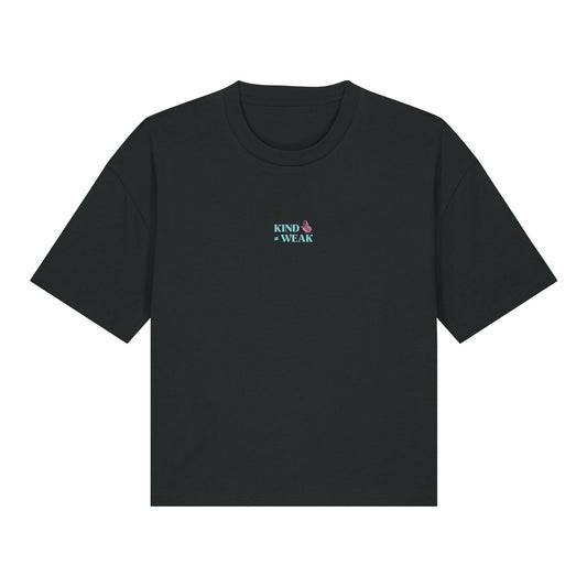 Defeua® KINDNESS t-shirt nera donna gen Z sulla gentilezza - maniche ribassate e taglio boxy - grafica frontale