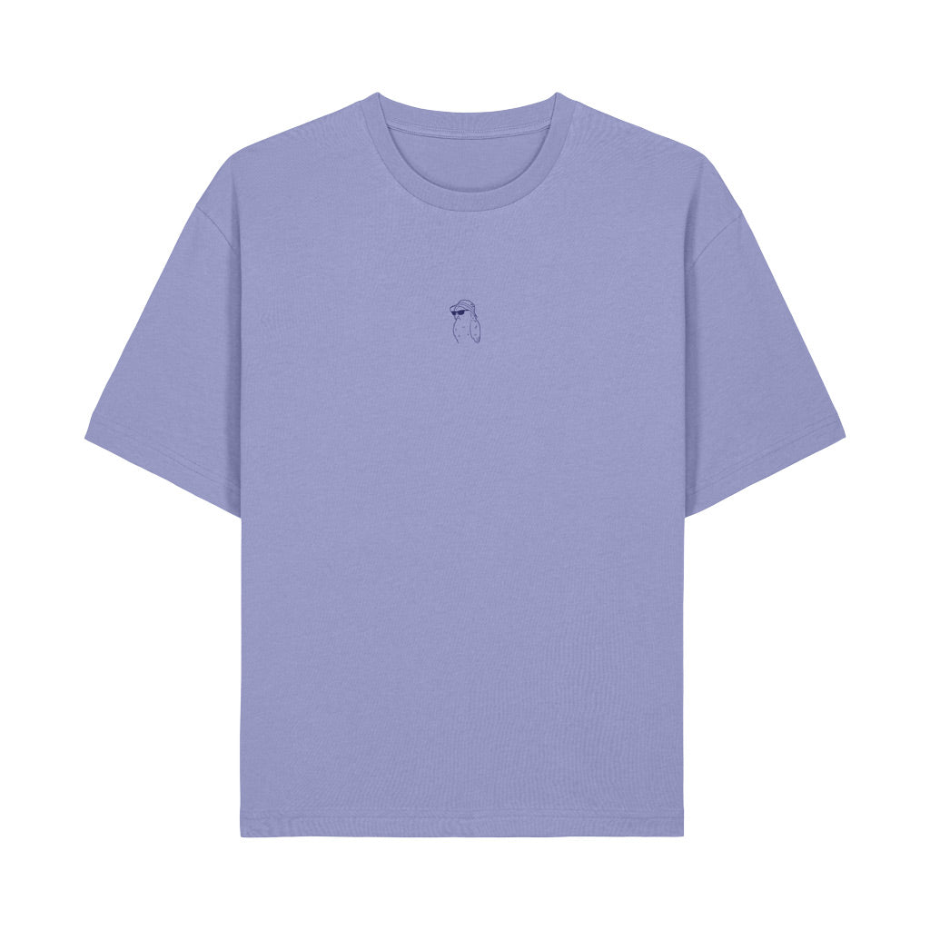 Defeua® LESS STRESS tshirt loose fit violetto, grafica frontale con illustrazione kakapo