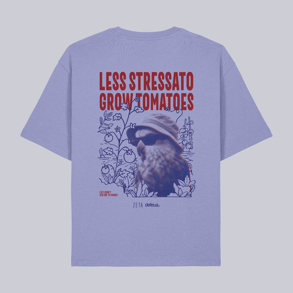 Defeua® LESS STRESS t-shirt loose fit con grafica kakapo e scritta "Less Stressato Grow Tomatoes" sul retro