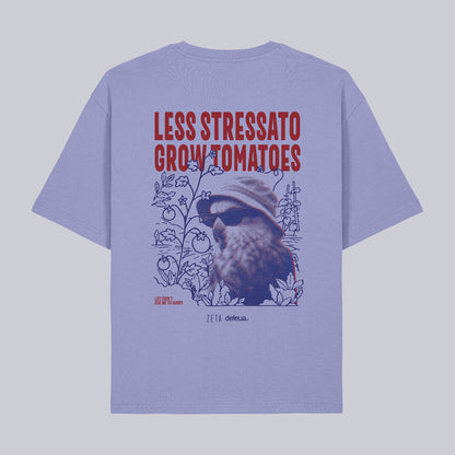 Defeua® LESS STRESS t-shirt loose fit con grafica kakapo e scritta "Less Stressato Grow Tomatoes" sul retro