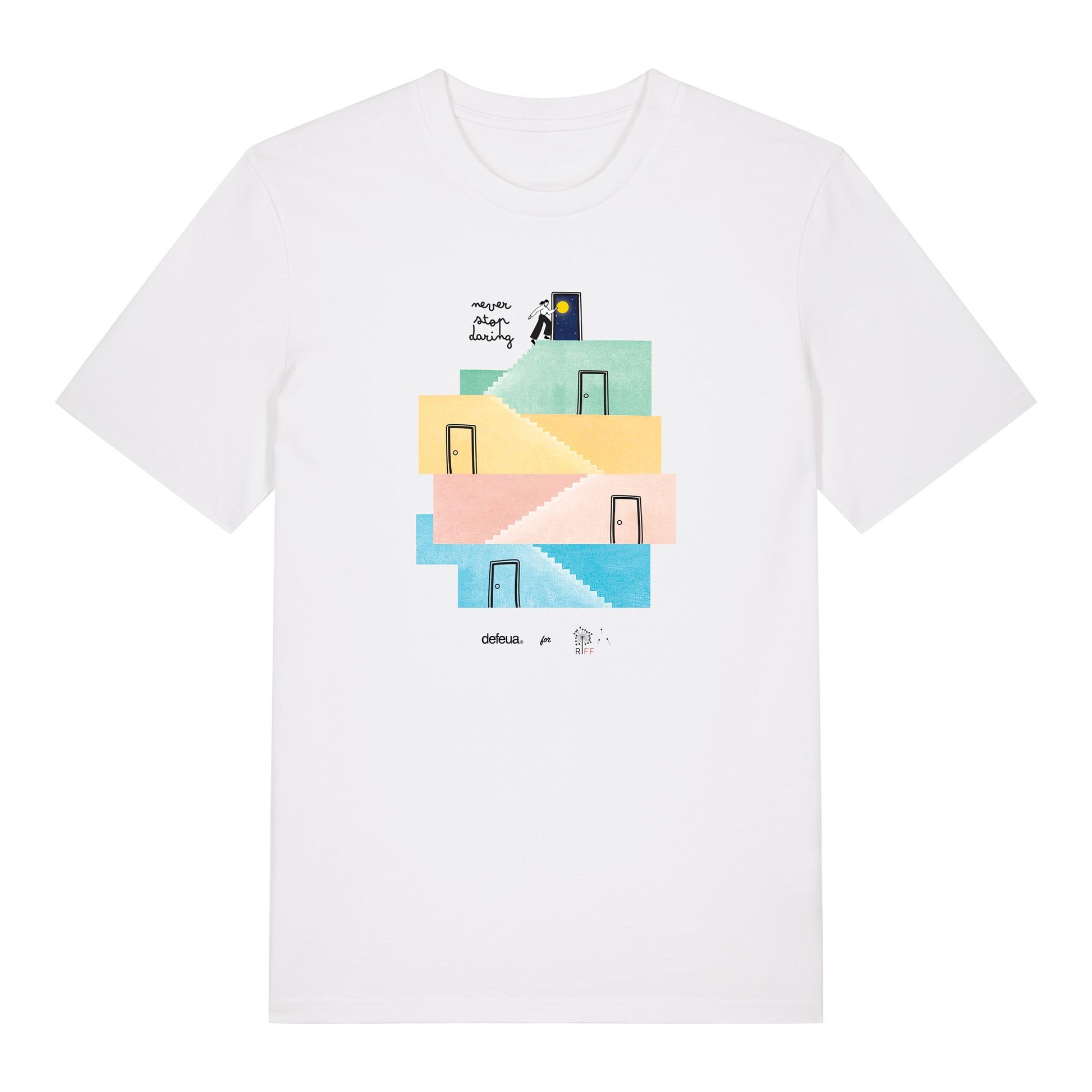 Defeua® NEVER STOP DARING. la t-shirt in cotone organico del Riviera Film Festival, per chi ama osare