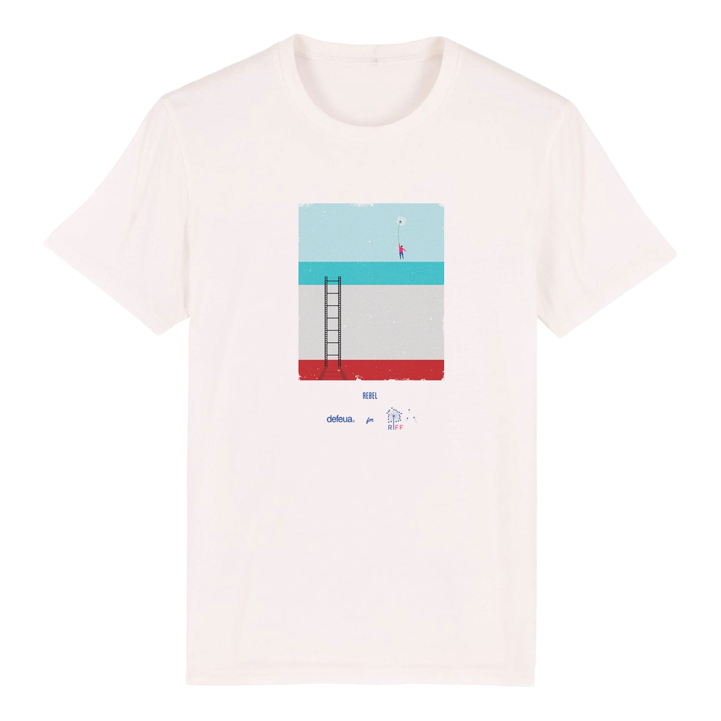 Defeua® REBEL tshirt sostenibile Riviera International Film Festival - grafica su cinema come ribellione-100% cotone biologico-colore off white