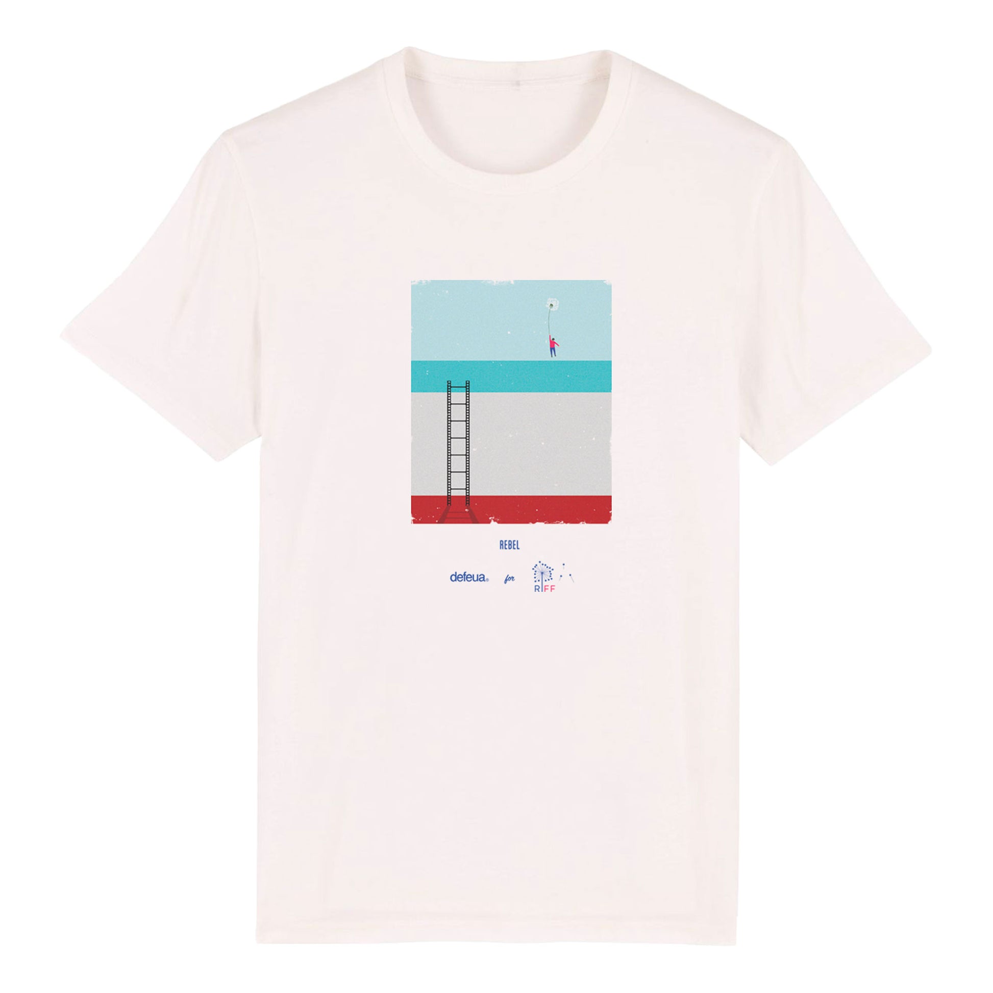 Defeua® REBEL tshirt sostenibile Riviera International Film Festival - grafica su cinema come ribellione-100% cotone biologico-colore off white