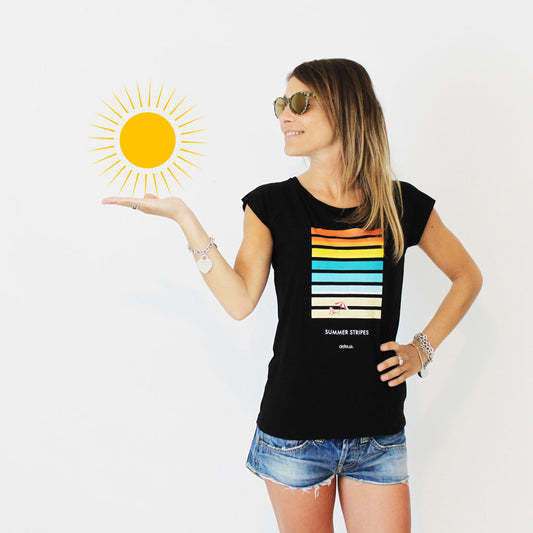 Defeua® SUMMER Stripes, tshirt nera donna sull'estate e il mare-  estate - Cotone biologico e bamboo