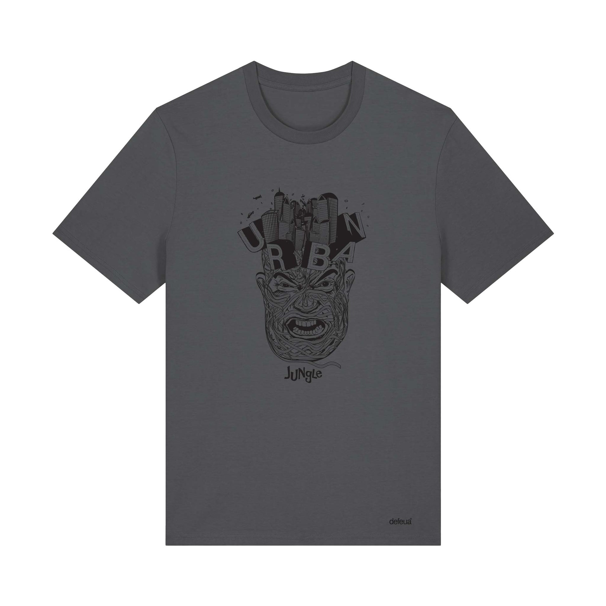 Defeua URBAN JUNGLE, t-shirt sostenibile in colore antracite con grafica illustrata sulla giungla urbana e la pazzia delle città