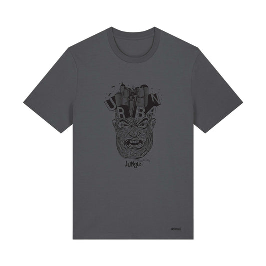 Defeua URBAN JUNGLE, t-shirt sostenibile in colore antracite con grafica illustrata sulla giungla urbana e la pazzia delle città